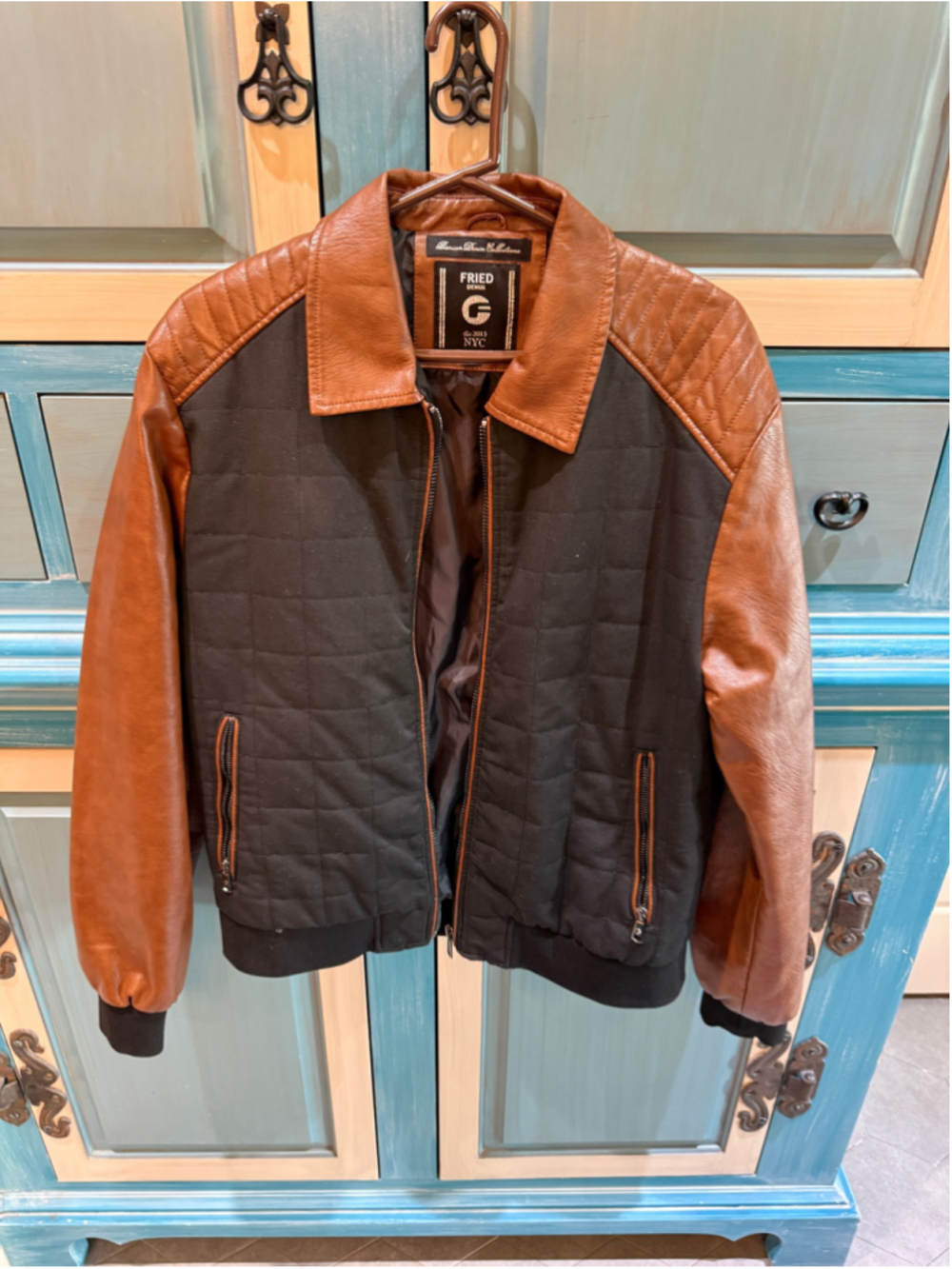 Men's Fried Denim Varsity Jacket L Black Brown Faux Leather Quilted